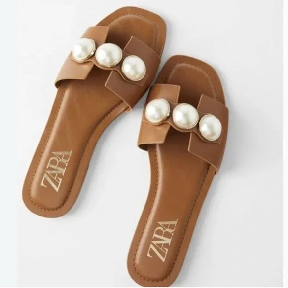 Zara Shoes - Zara Women's Tan Leather Flat Sandals with Pearl Accent